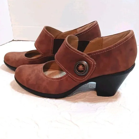 Softspots Brown Leather Mary Jane Block Heels Size 9 Slip On - Picture 5 of 10